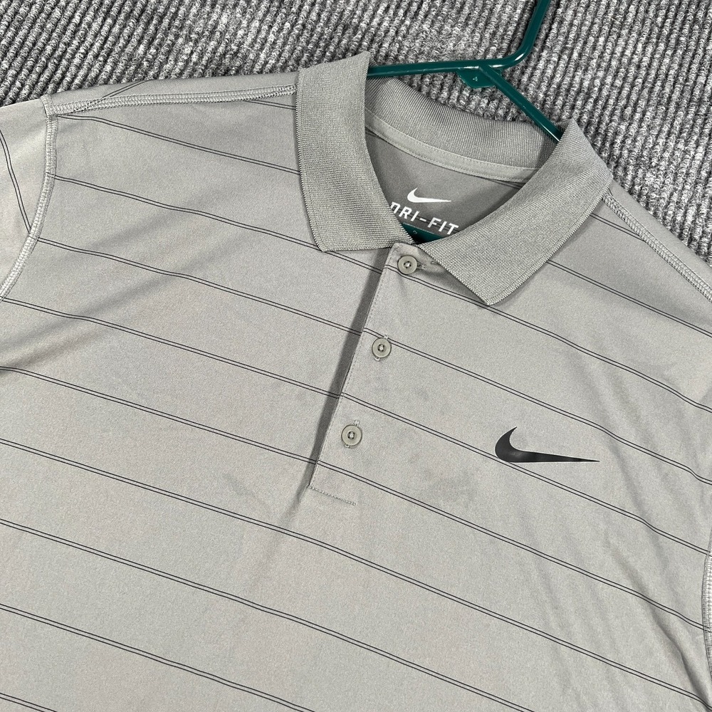 Nike Dri Fit Polo Shirt Mens Large Gray Striped Short Sleeve Casual Outdoor Golf